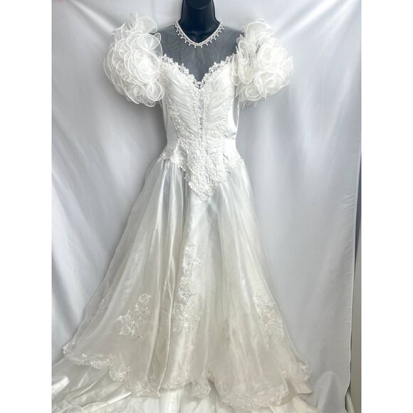 Vintage Victorian Embroidered Beaded Lace Wedding Dress Long Train Unique Sz 2/4 - Picture 1 of 10